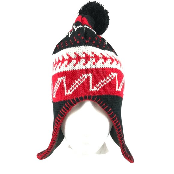 Polar Wear Kids Beanie Hat Ear Flaps Fleece Lined Striped Knit Pom Red Black OS - Picture 2 of 6